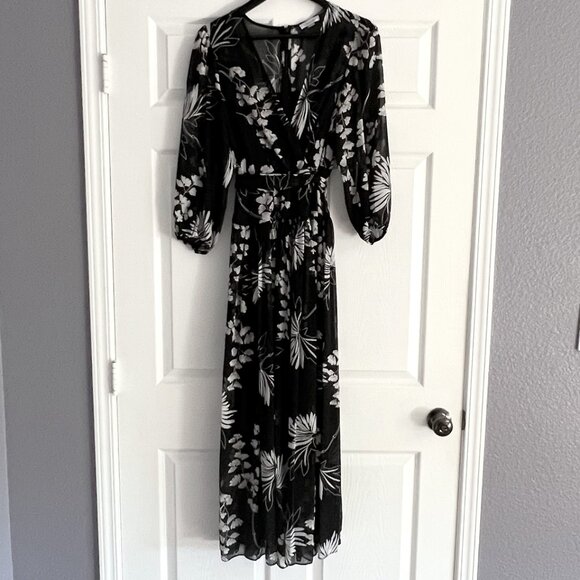 CALVIN KLEIN black white floral chiffon maxi lined flowy dress size 4 - Picture 1 of 8